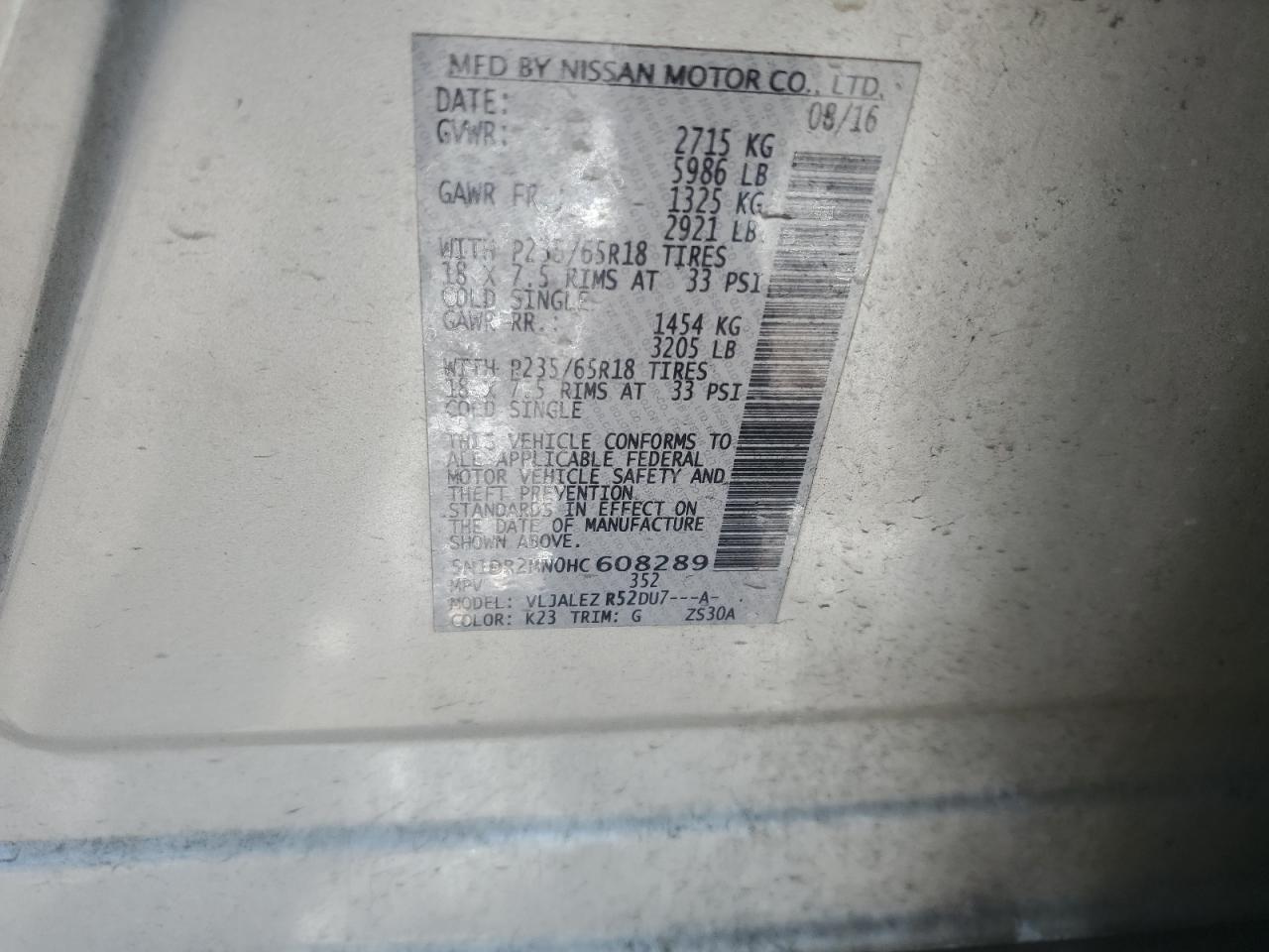 5N1DR2MN0HC608289 NISSAN PATHFINDER 2017