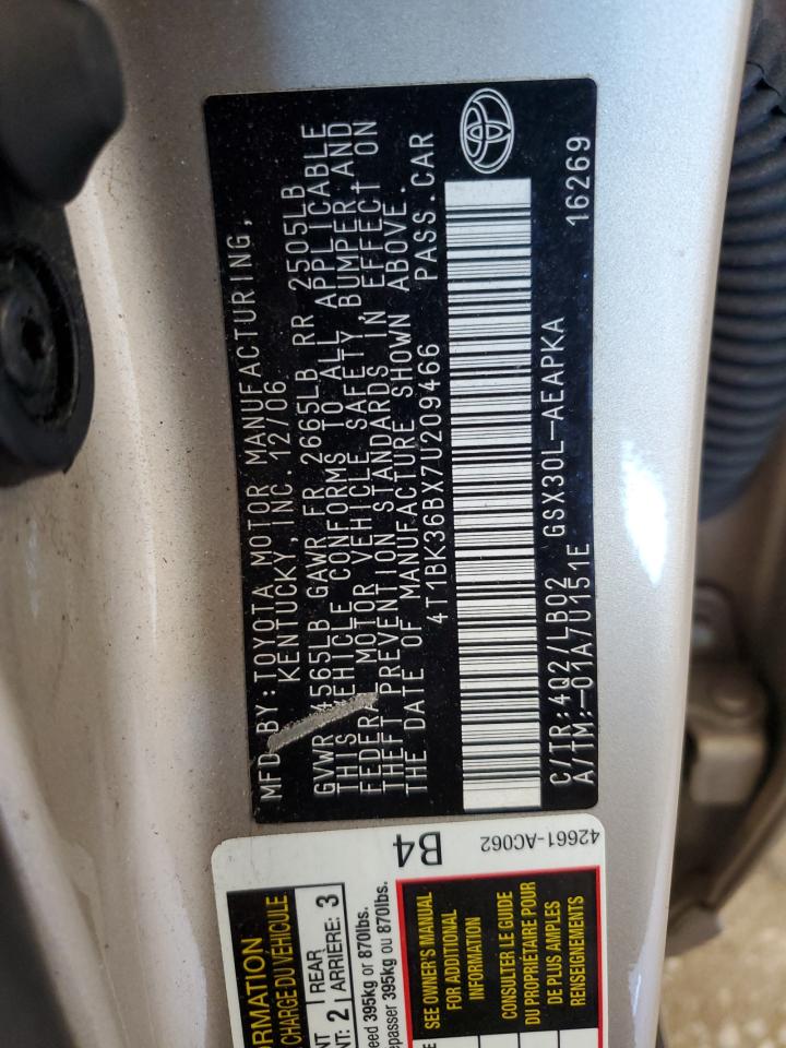 2007 Toyota Avalon Xl VIN: 4T1BK36BX7U209466 Lot: 58188965