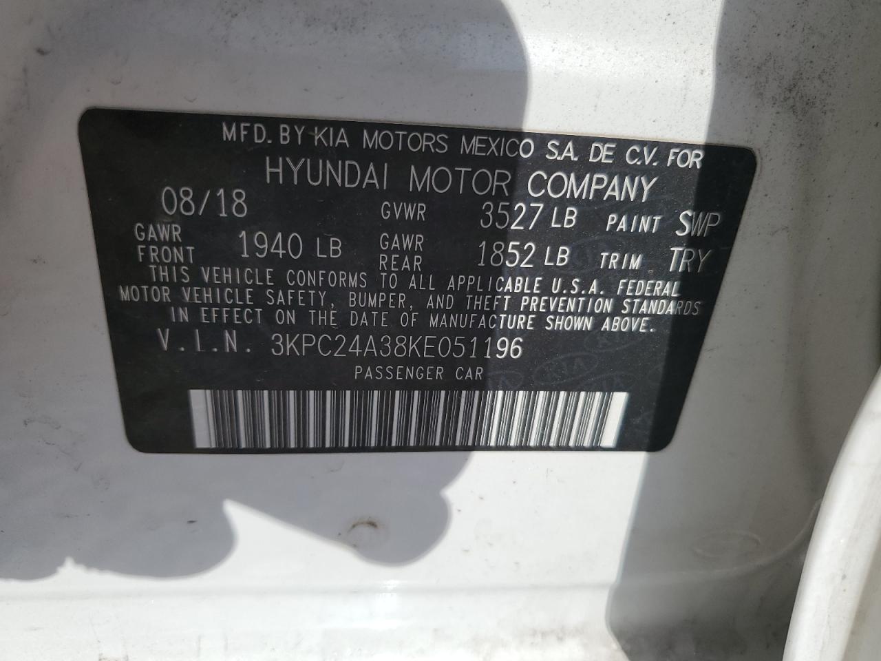 2019 Hyundai Accent Se VIN: 3KPC24A38KE051196 Lot: 57816635