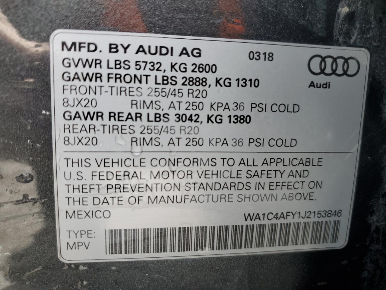 2018 Audi Sq5 Prestige VIN: WA1C4AFY1J2153846 Lot: 55130065