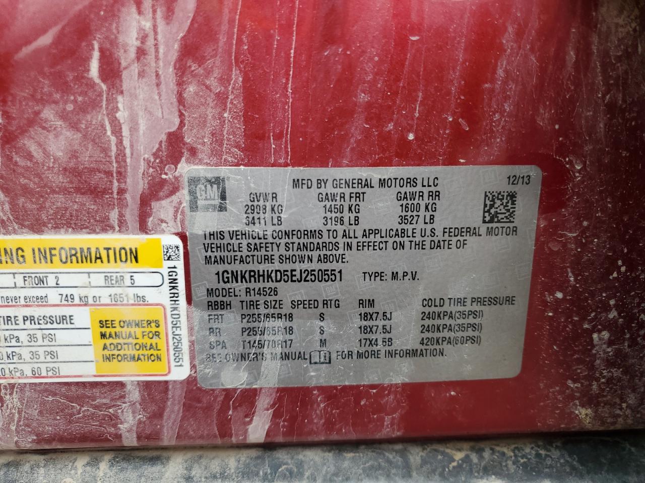 2014 Chevrolet Traverse Lt VIN: 1GNKRHKD5EJ250551 Lot: 58871685