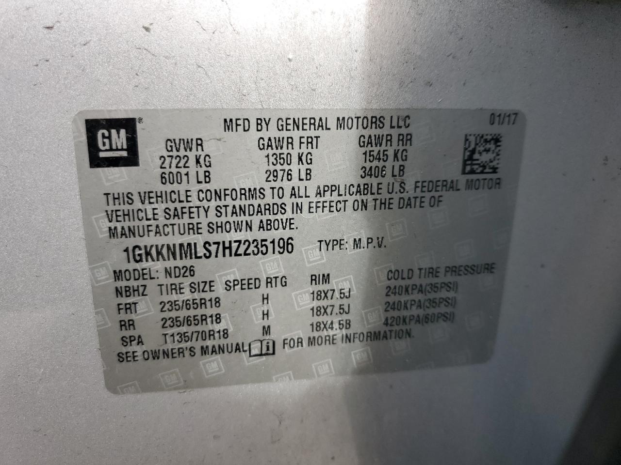 2017 GMC Acadia Slt-1 VIN: 1GKKNMLS7HZ235196 Lot: 56839755