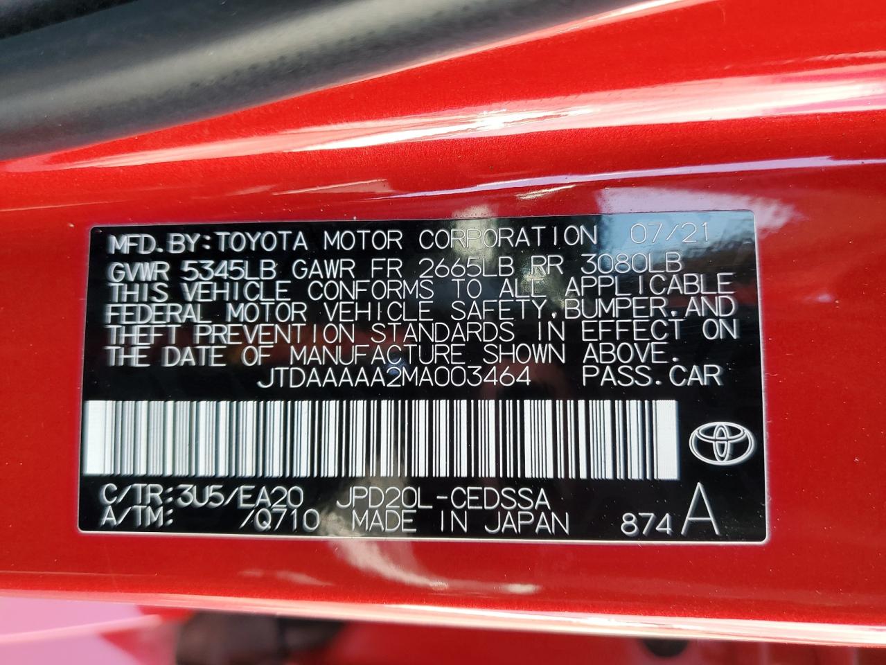 2021 Toyota Mirai Xle VIN: JTDAAAAA2MA003464 Lot: 57154465