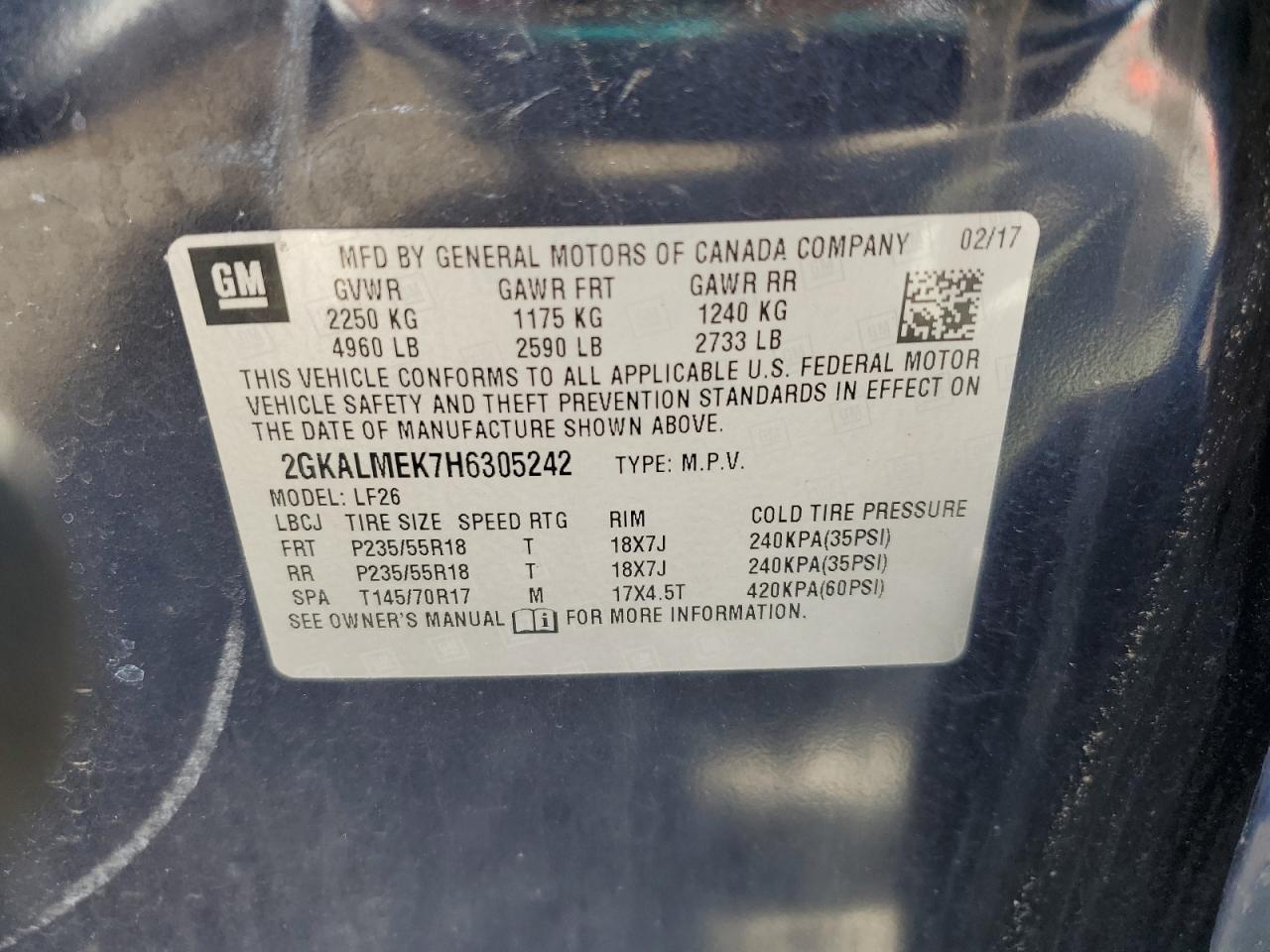 2017 GMC Terrain Sle VIN: 2GKALMEK7H6305242 Lot: 56025495