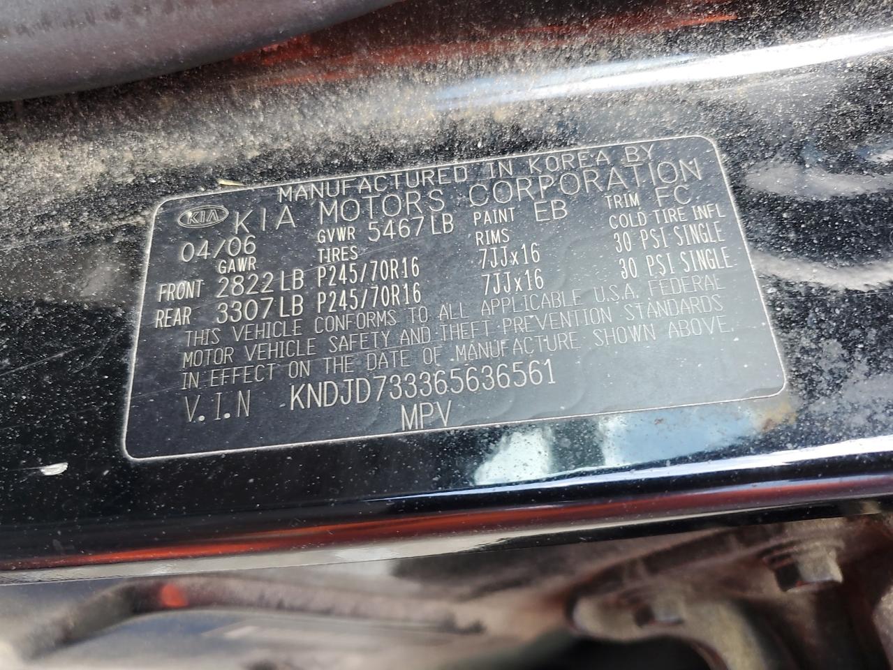 2006 Kia Sorento Ex VIN: KNDJD733365636561 Lot: 57694205