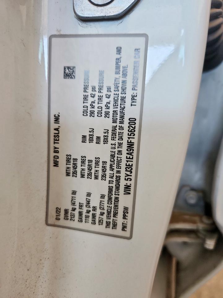 2022 Tesla Model 3 VIN: 5YJ3E1EA9NF156200 Lot: 58948825