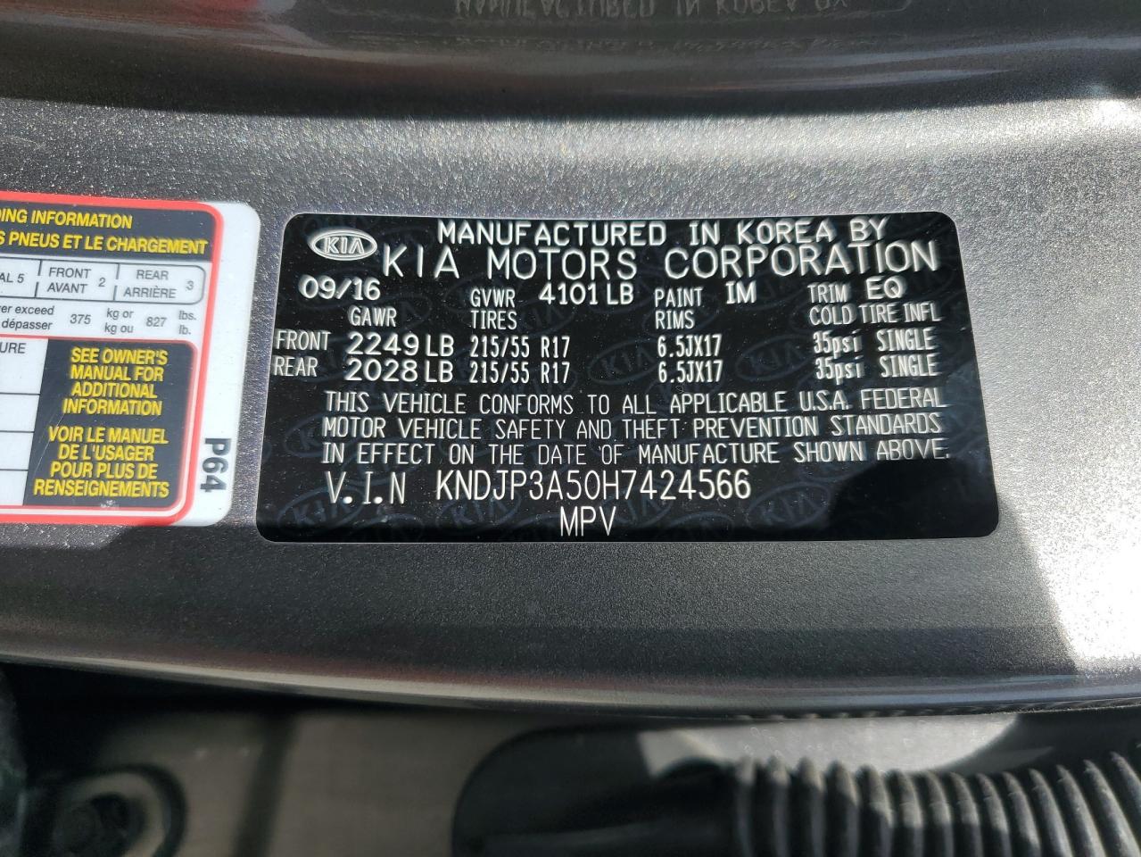 2017 Kia Soul + VIN: KNDJP3A50H7424566 Lot: 57019815