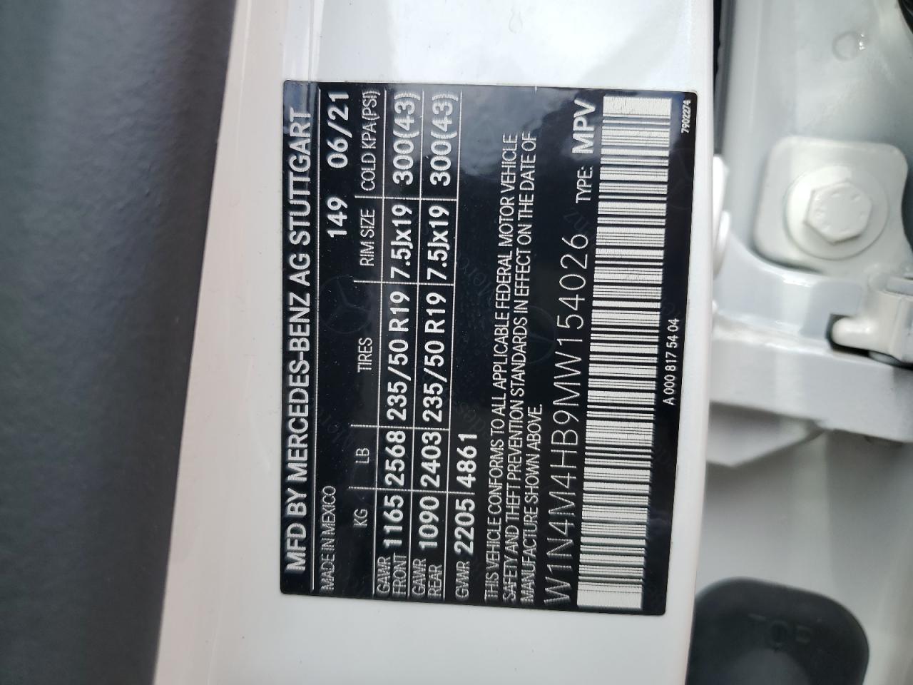 2021 Mercedes-Benz Glb 250 4Matic VIN: W1N4M4HB9MW154026 Lot: 54499345