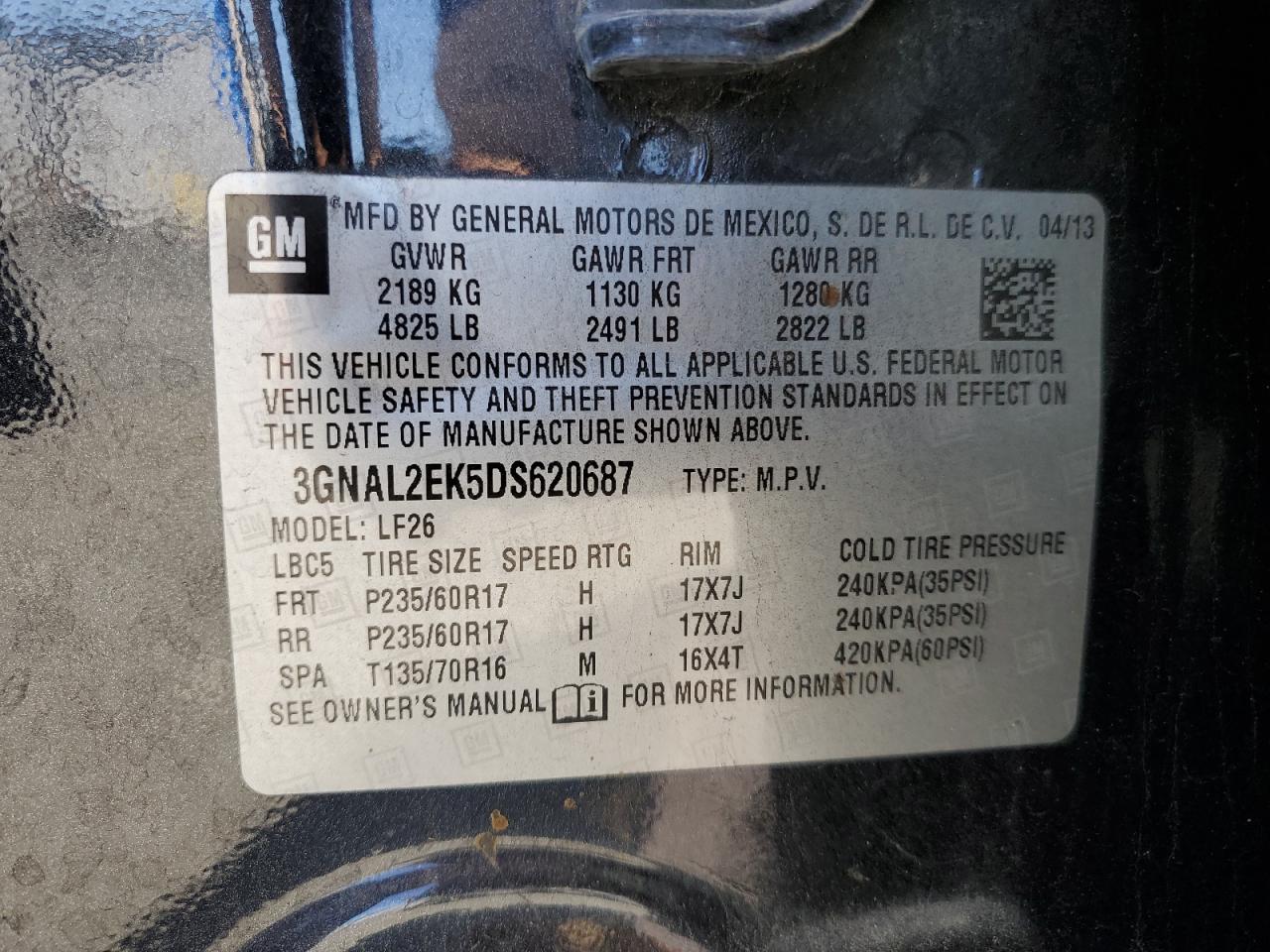 2014 Chevrolet Captiva Ls VIN: 3GNAL2EK5DS620687 Lot: 58974075