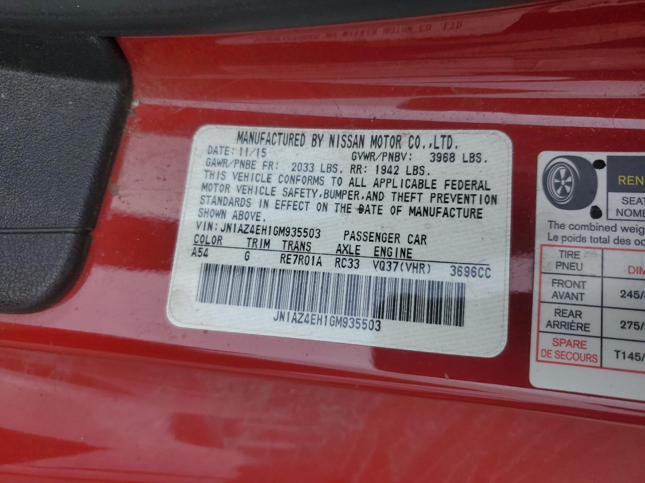 2016 Nissan 370Z Base VIN: JN1AZ4EH1GM935503 Lot: 55765505