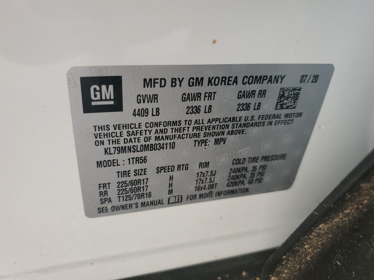 KL79MNSL0MB034110 CHEVROLET TRAILBLZR 2021