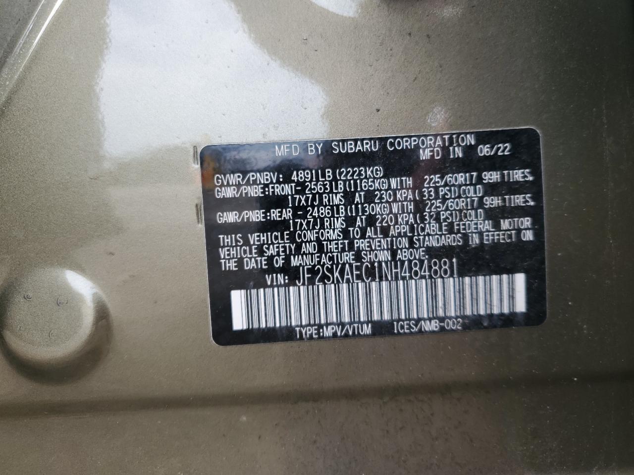 2022 Subaru Forester Premium VIN: JF2SKAEC1NH484881 Lot: 56691775