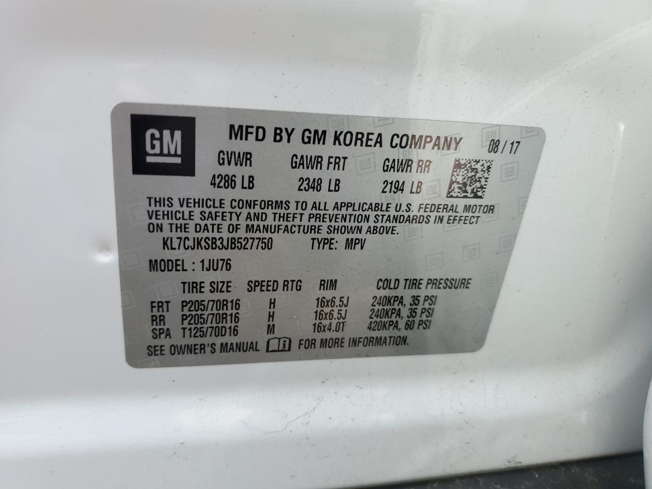 2018 Chevrolet Trax Ls VIN: KL7CJKSB3JB527750 Lot: 57049335