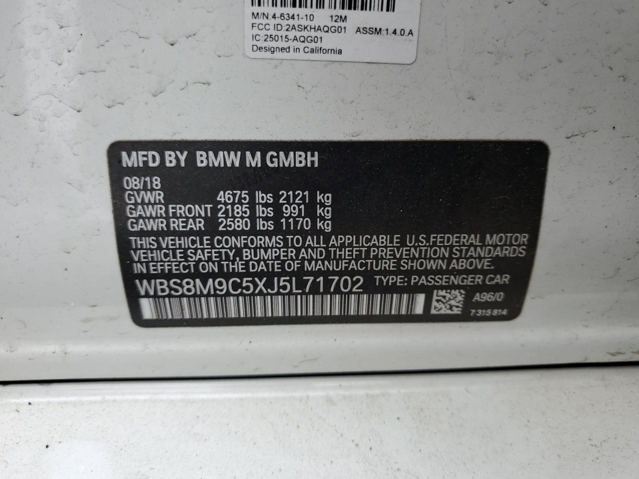 2018 BMW M3 VIN: WBS8M9C5XJ5L71702 Lot: 55657055