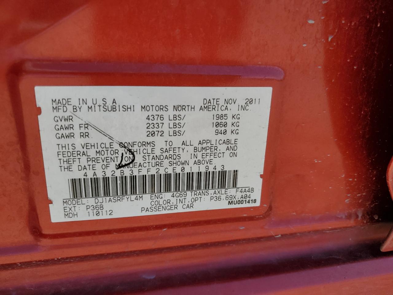 2012 Mitsubishi Galant Es VIN: 4A32B3FF2CE011943 Lot: 56873045