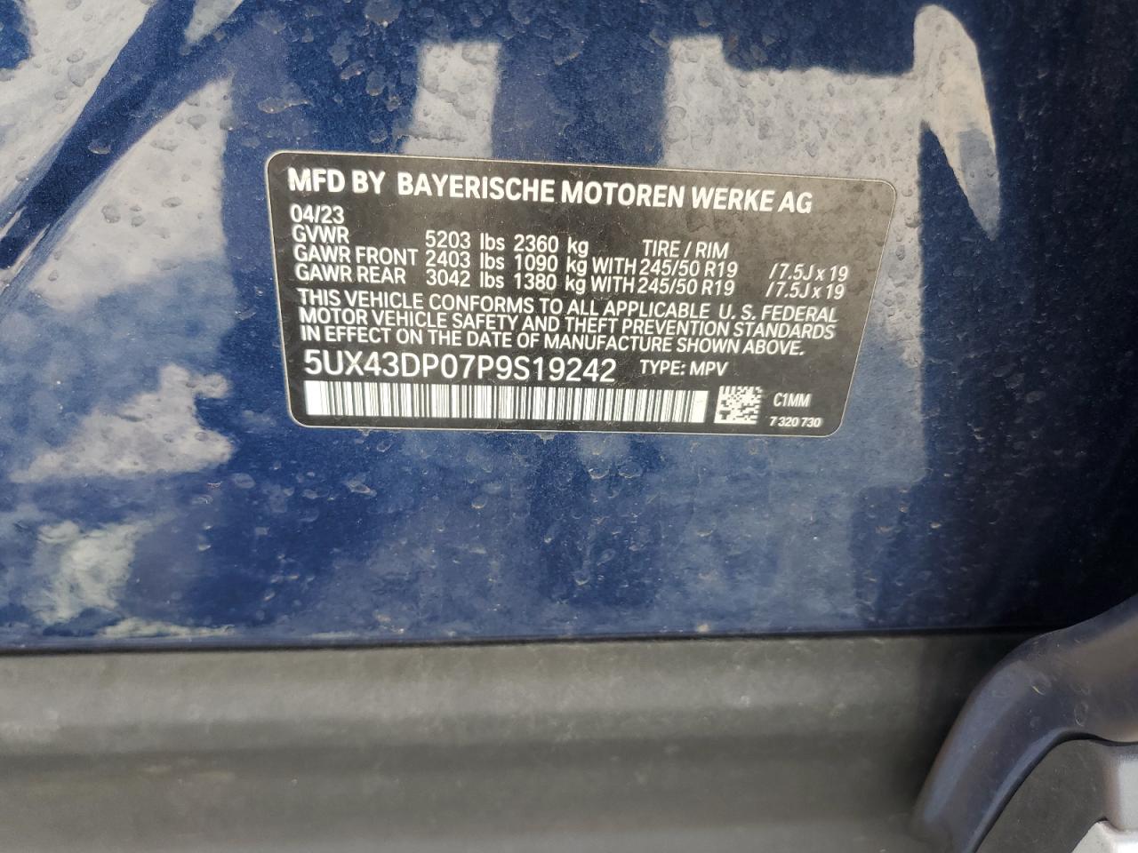 2023 BMW X3 Sdrive30I VIN: 5UX43DP07P9S19242 Lot: 57216815