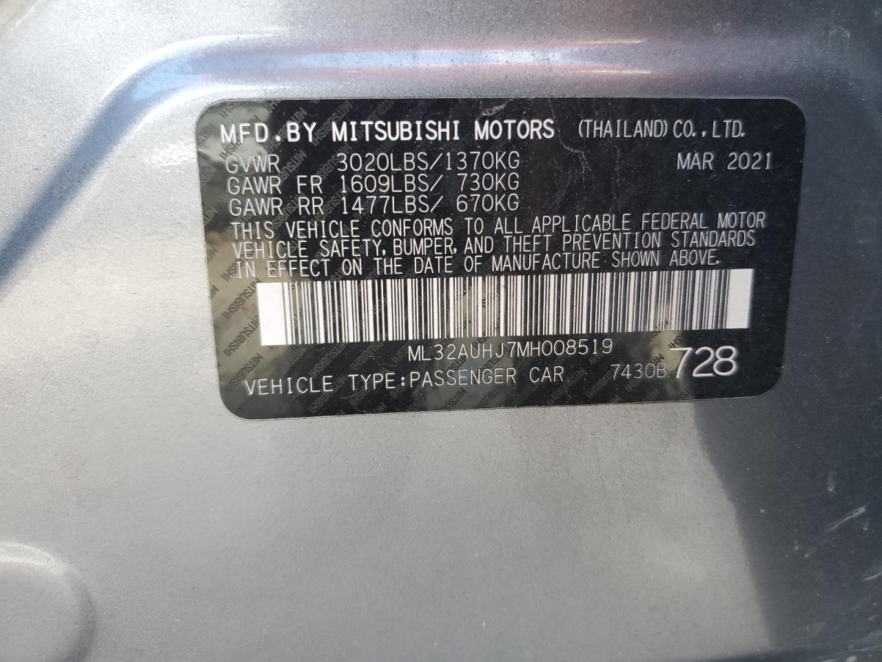 2021 Mitsubishi Mirage Es VIN: ML32AUHJ7MH008519 Lot: 56469705