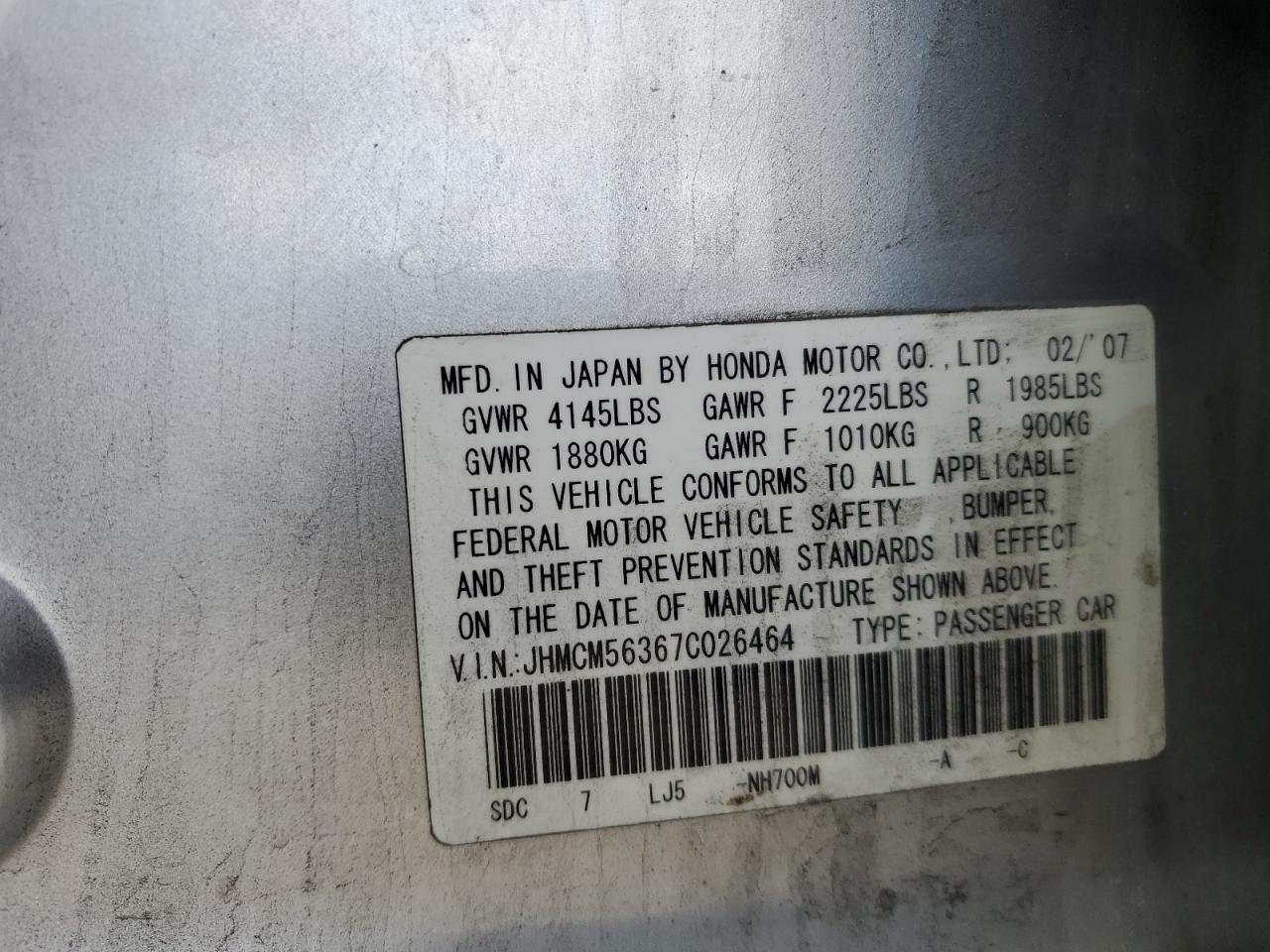 2007 Honda Accord Se VIN: JHMCM56367C026464 Lot: 57083675