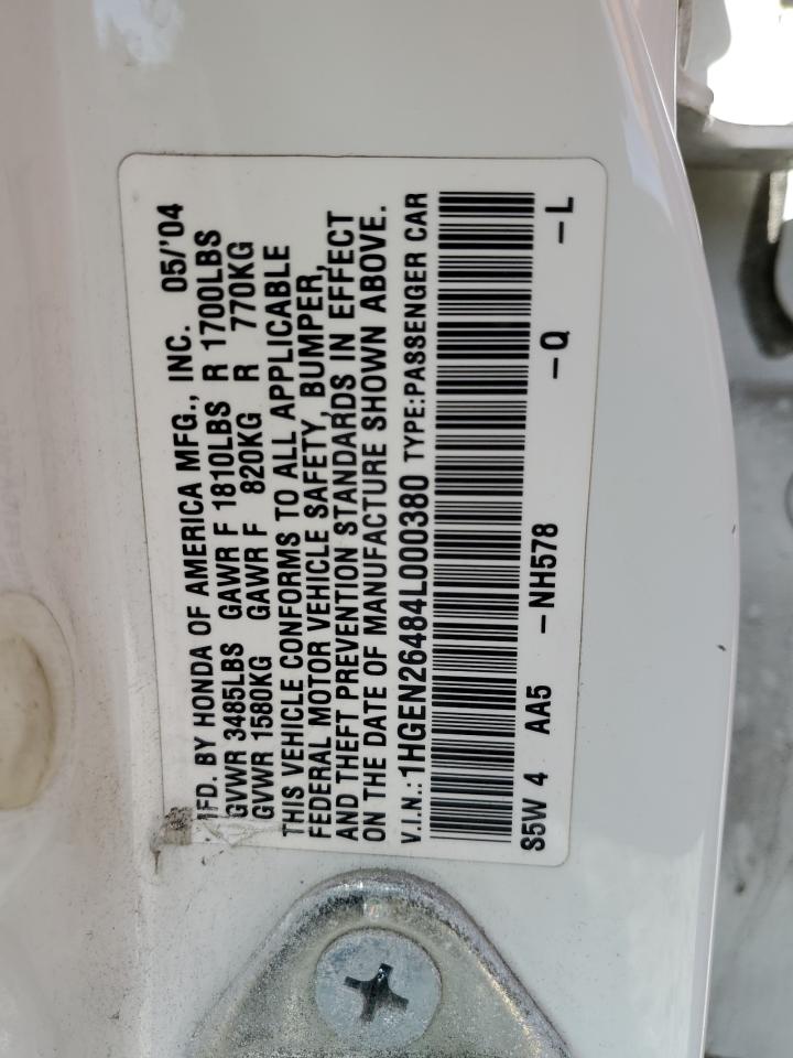 2004 Honda Civic Gx VIN: 1HGEN26484L000380 Lot: 56582975