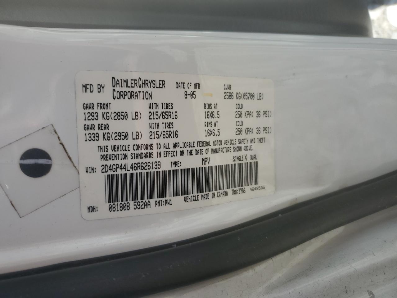 2006 Dodge Grand Caravan Sxt VIN: 2D4GP44L46R626139 Lot: 57703525