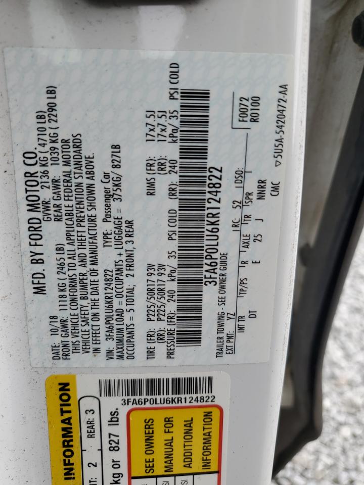 2019 Ford Fusion Se VIN: 3FA6P0LU6KR124822 Lot: 54024935