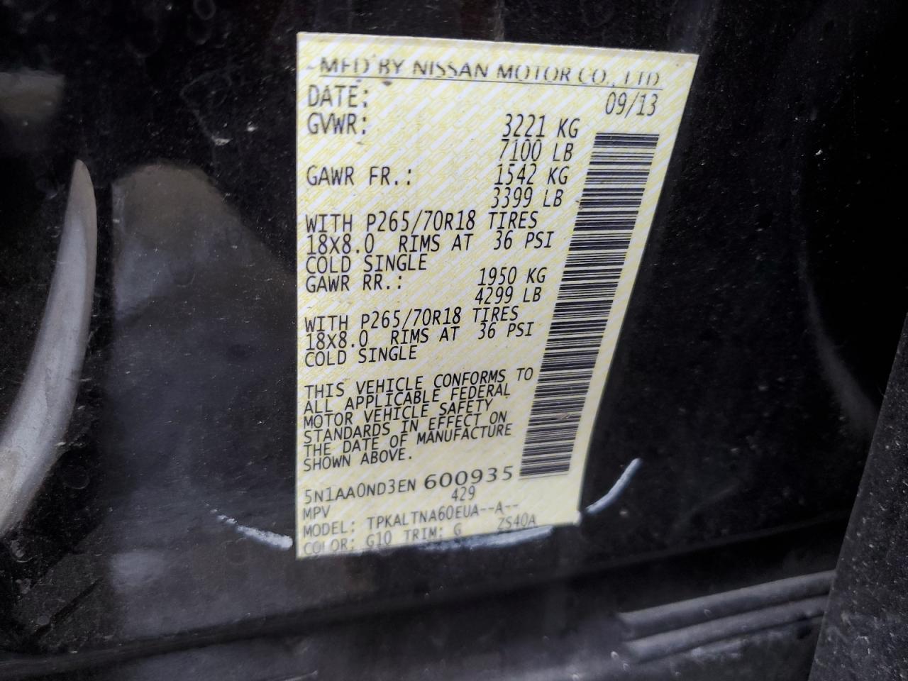 2014 Nissan Armada Sv VIN: 5N1AA0ND3EN600935 Lot: 54394995