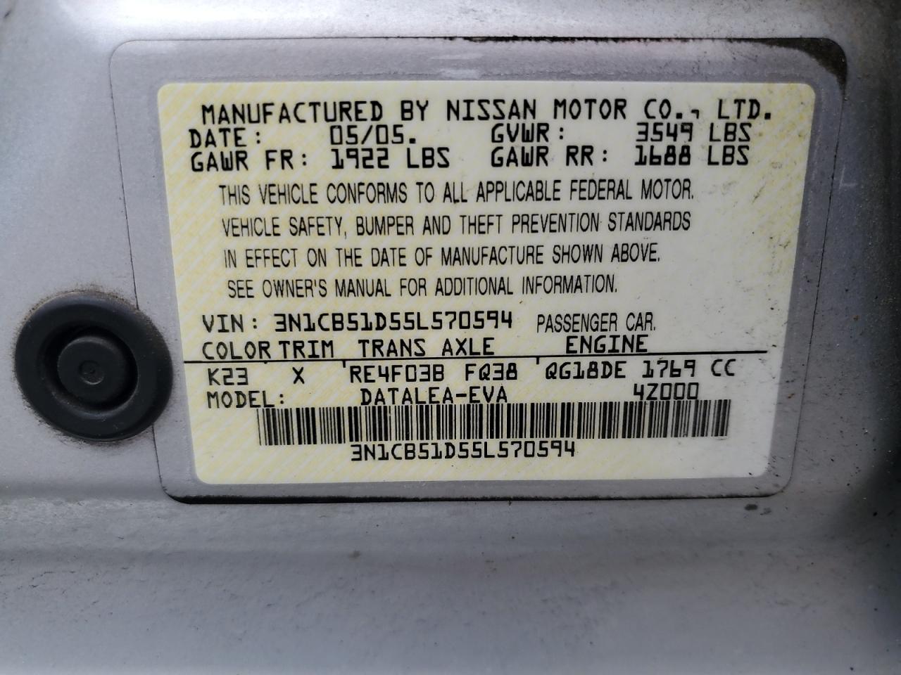 2005 Nissan Sentra 1.8 VIN: 3N1CB51D55L570594 Lot: 56485595