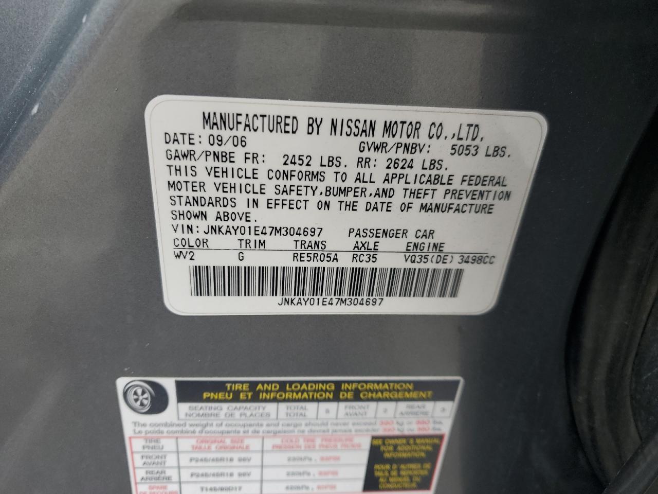 2007 Infiniti M35 Base VIN: JNKAY01E47M304697 Lot: 55483265
