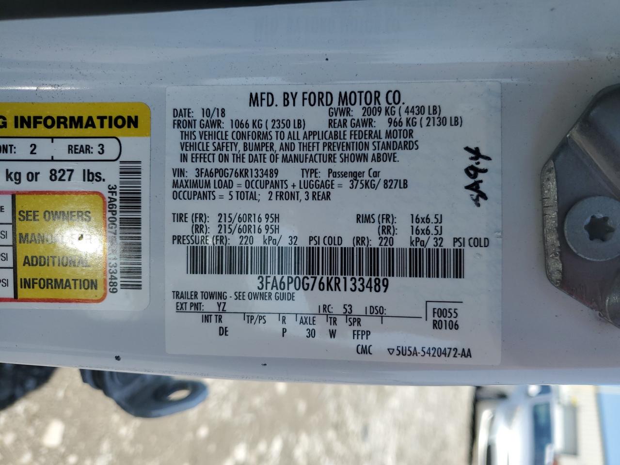 2019 Ford Fusion S VIN: 3FA6P0G76KR133489 Lot: 55673215