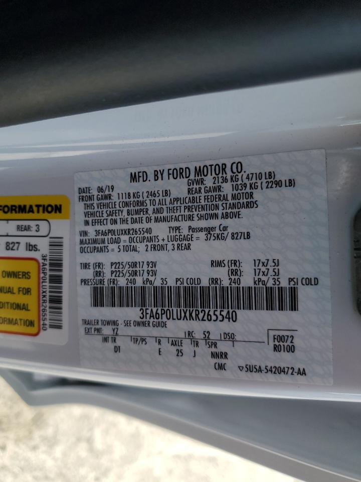 2019 Ford Fusion Se VIN: 3FA6P0LUXKR265540 Lot: 55084195