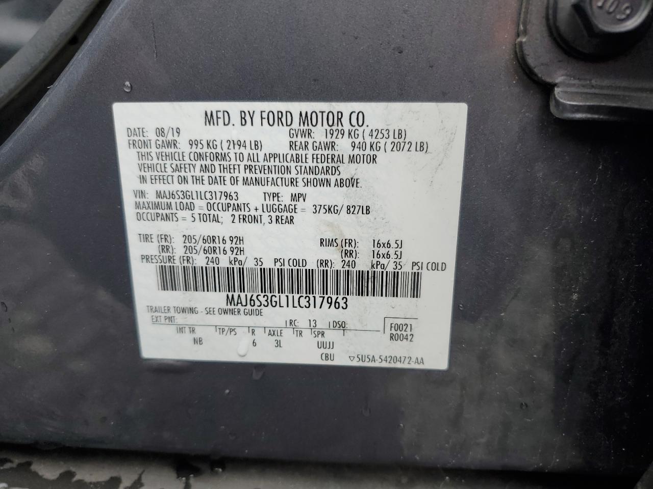 2020 Ford Ecosport Se VIN: MAJ6S3GL1LC317963 Lot: 57104595
