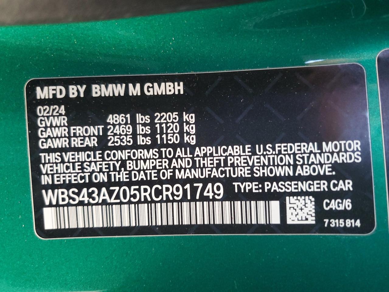 2024 BMW M4 Competition VIN: WBS43AZ05RCR91749 Lot: 56246305