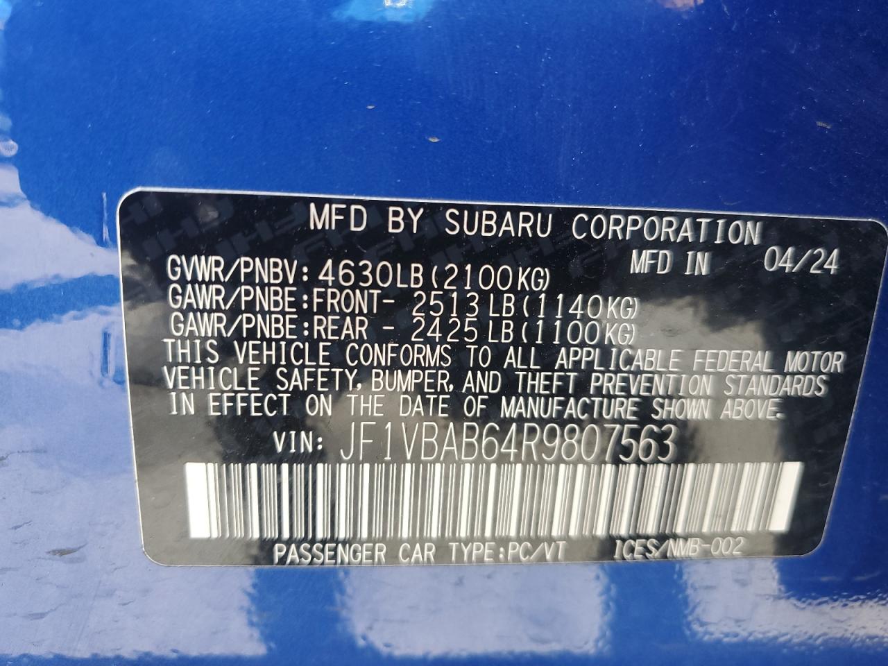 2024 Subaru Wrx VIN: JF1VBAB64R9807563 Lot: 57144225