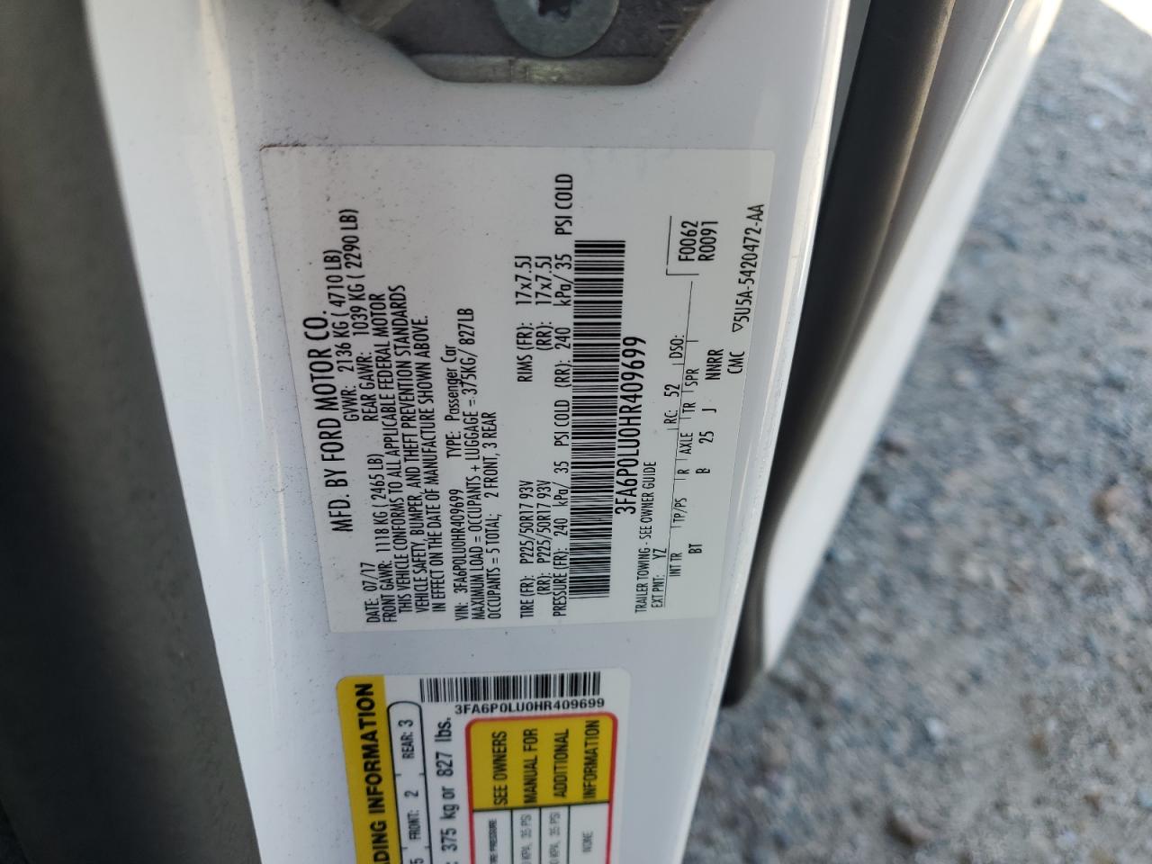 2017 Ford Fusion Se Hybrid VIN: 3FA6P0LU0HR409699 Lot: 56830645