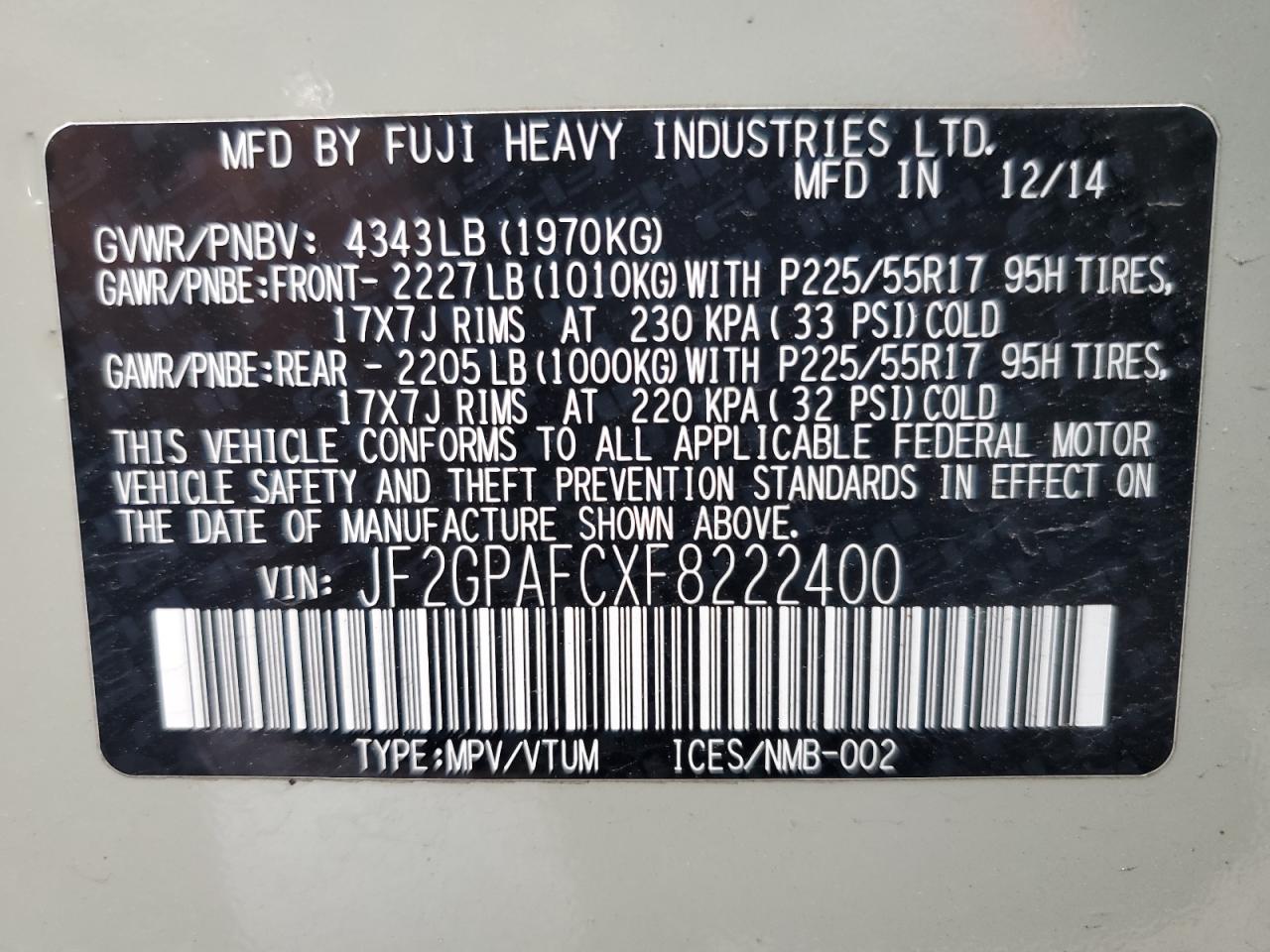 2015 Subaru Xv Crosstrek 2.0 Premium VIN: JF2GPAFCXF8222400 Lot: 57098725