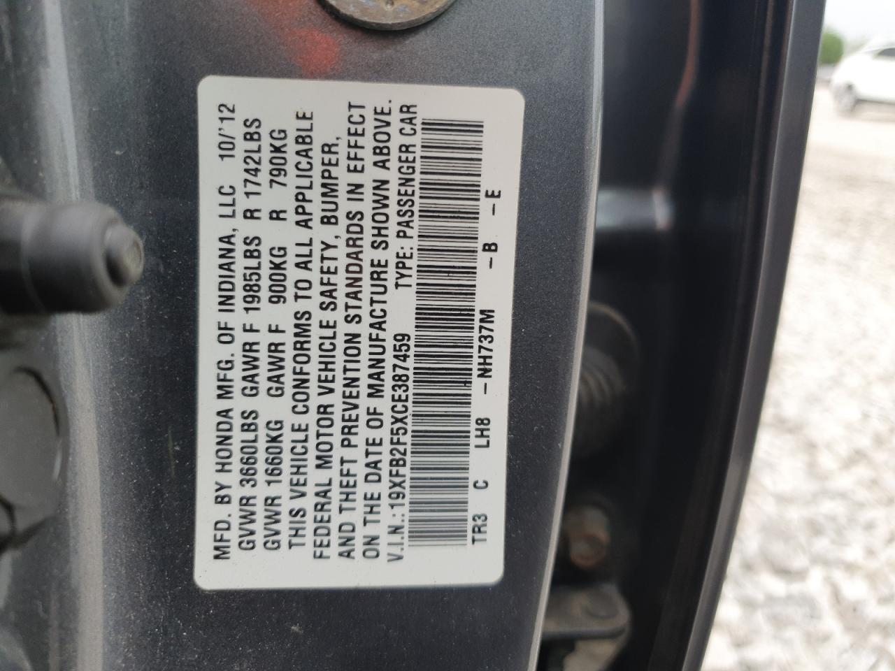 2012 Honda Civic Lx VIN: 19XFB2F5XCE387459 Lot: 57064315