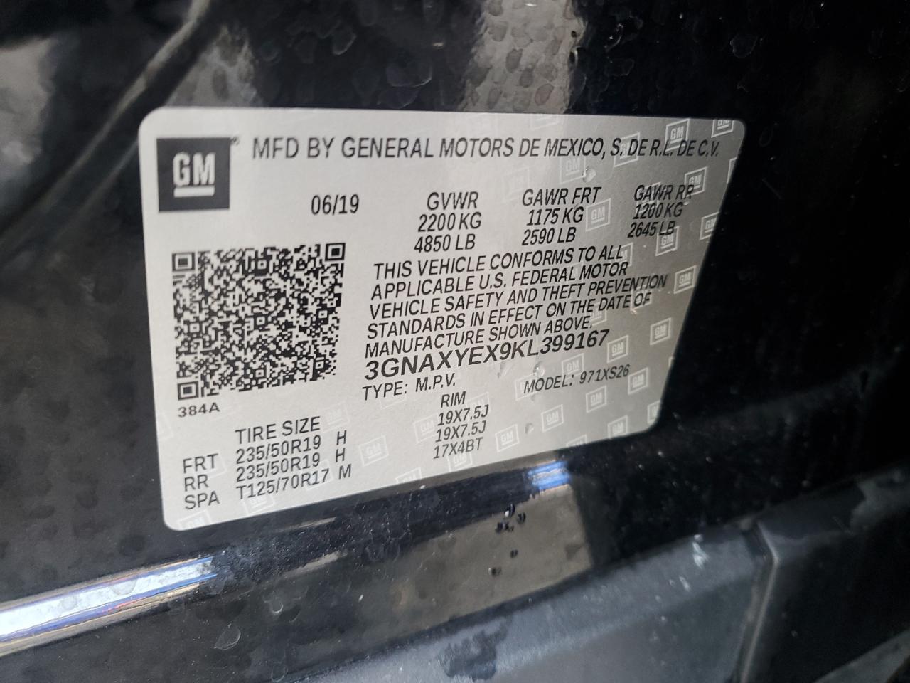 3GNAXYEX9KL399167 CHEVROLET EQUINOX 2019