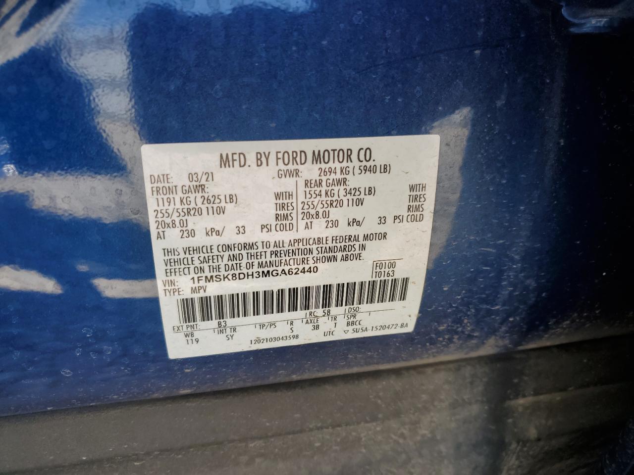 2021 Ford Explorer Xlt VIN: 1FMSK8DH3MGA62440 Lot: 56403055