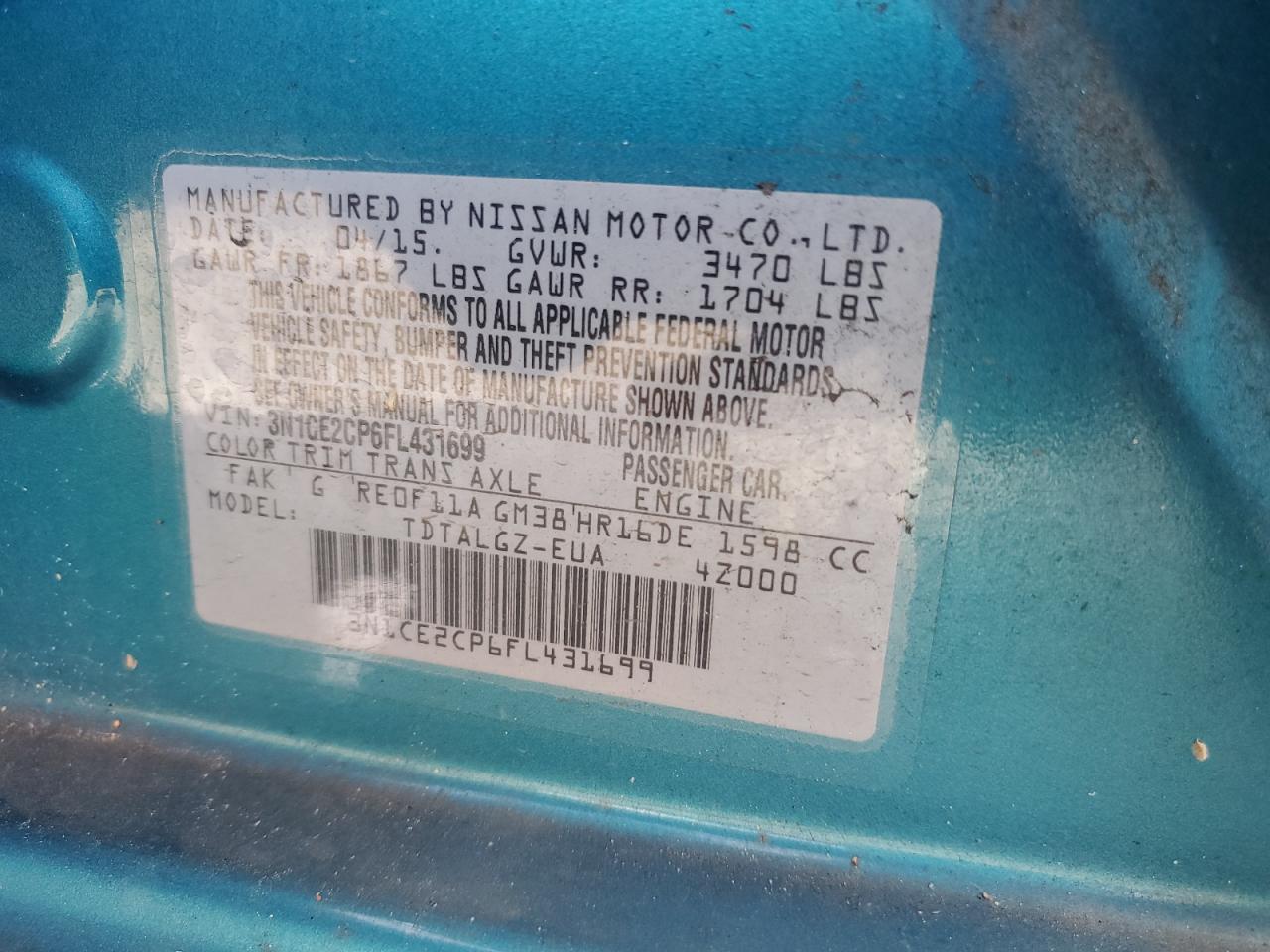 2015 Nissan Versa Note S VIN: 3N1CE2CP6FL431699 Lot: 56727985