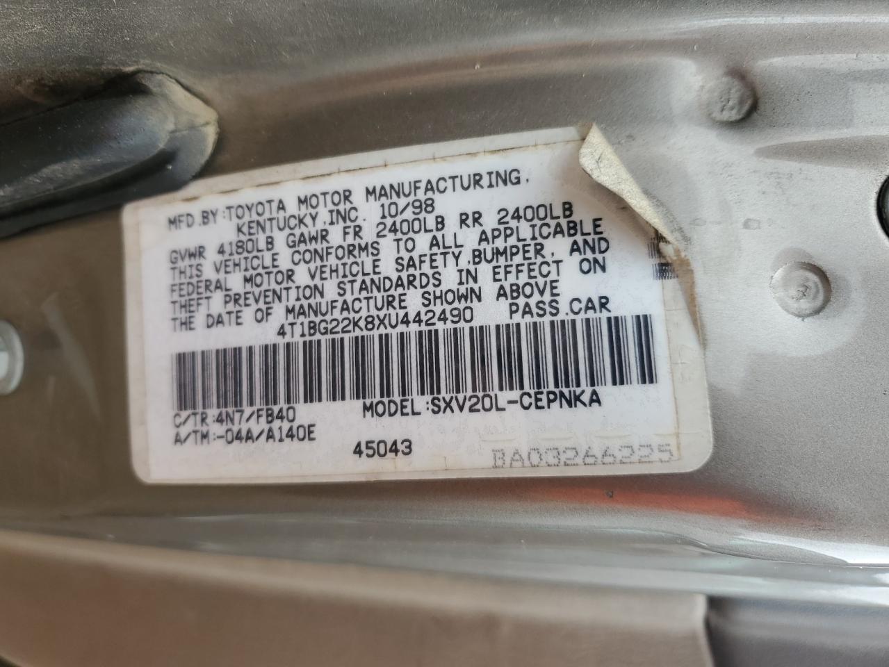 1999 Toyota Camry Ce VIN: 4T1BG22K8XU442490 Lot: 55530945