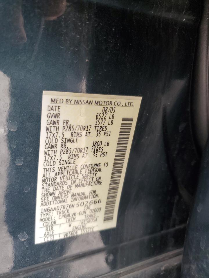 2006 Nissan Titan Xe VIN: 1N6AA07B76N502666 Lot: 56917515