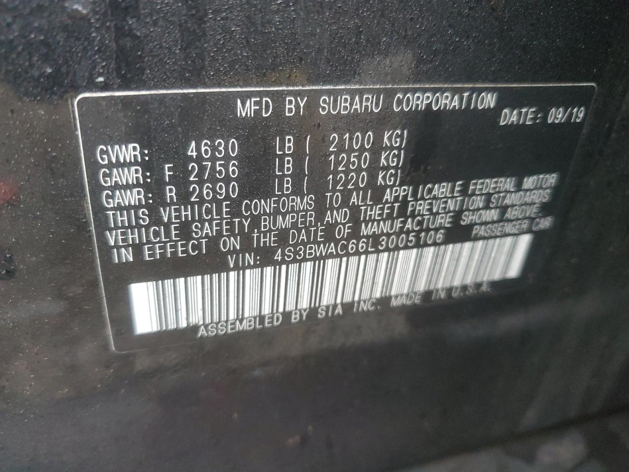 2020 Subaru Legacy Premium VIN: 4S3BWAC66L3005106 Lot: 57017645