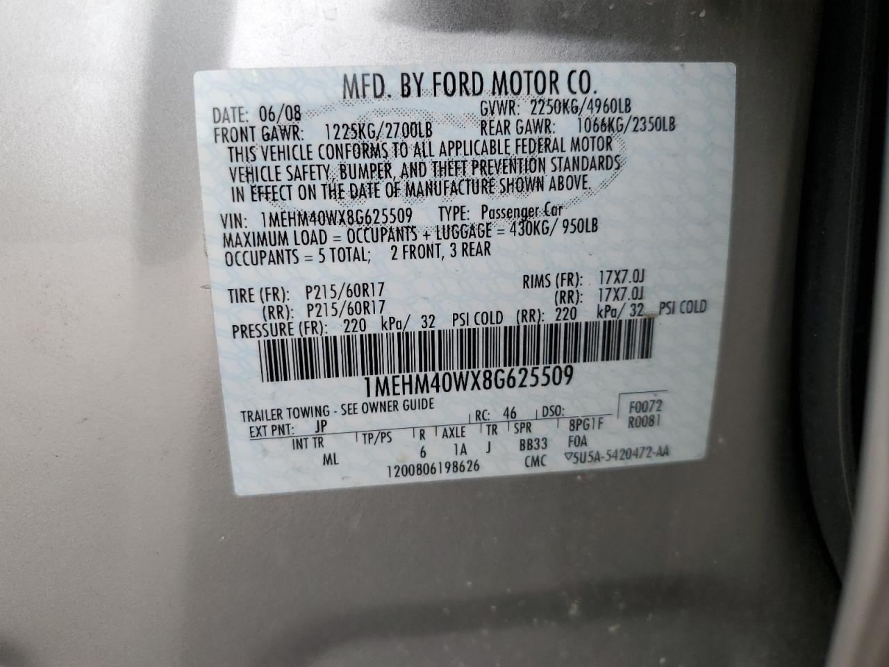 2008 Mercury Sable Luxury VIN: 1MEHM40WX8G625509 Lot: 56169125