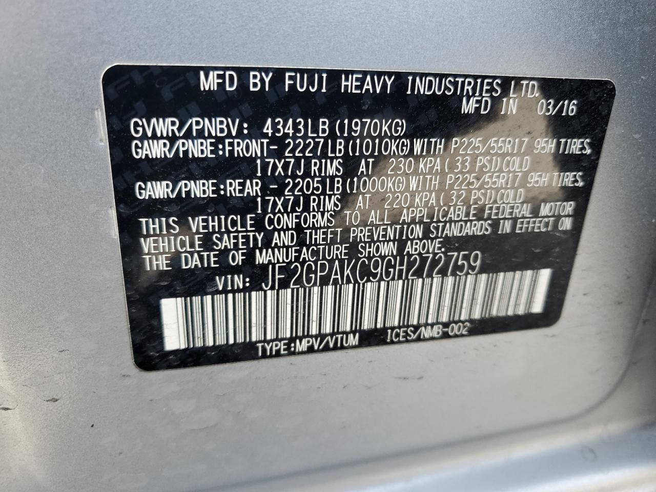 2016 Subaru Crosstrek Limited VIN: JF2GPAKC9GH272759 Lot: 57267755
