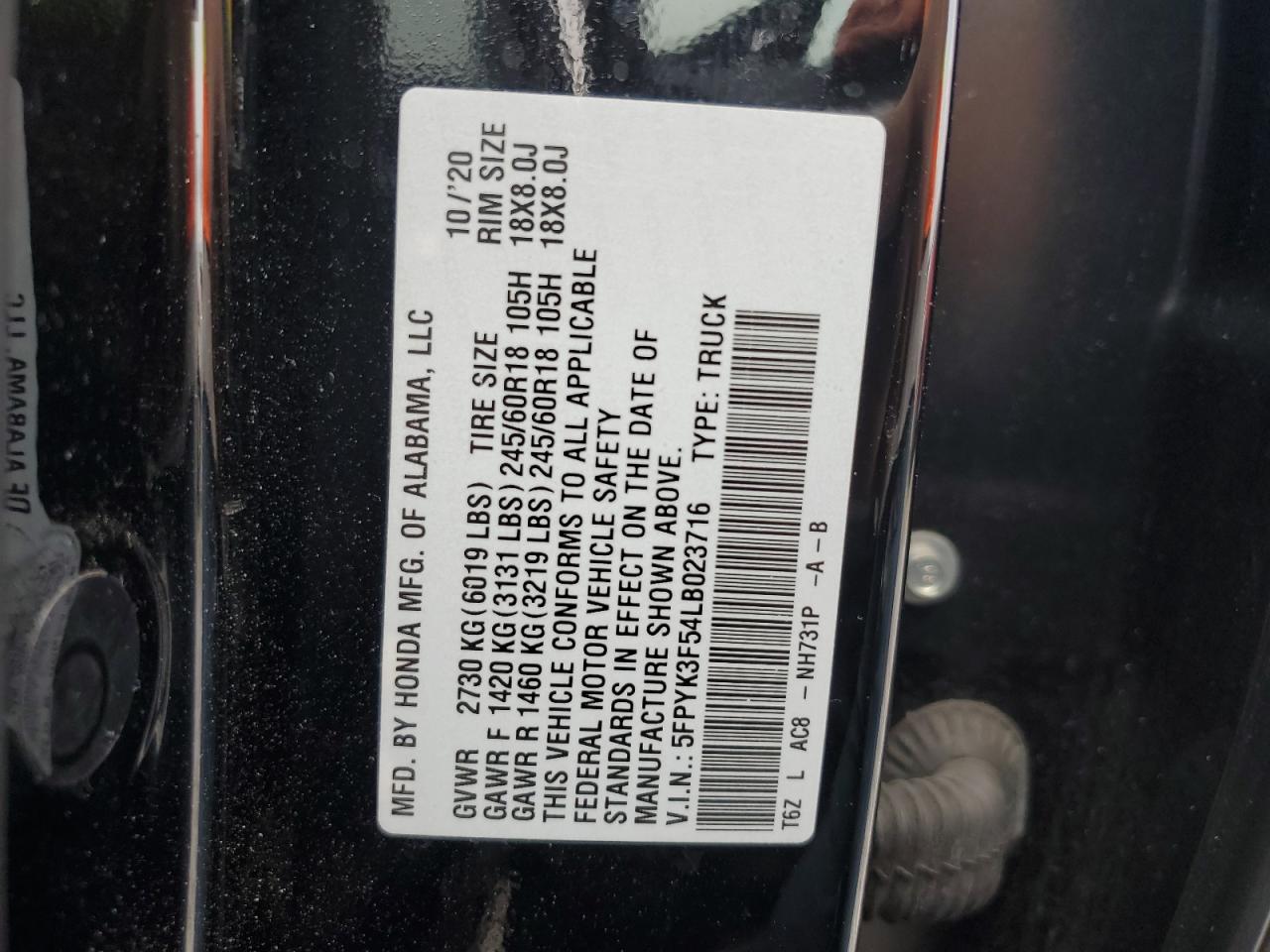 2020 Honda Ridgeline Rtl VIN: 5FPYK3F54LB023716 Lot: 56197155
