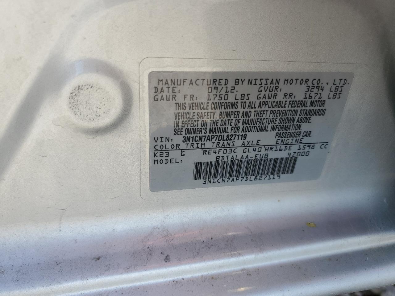 2013 Nissan Versa S VIN: 3N1CN7AP7DL827119 Lot: 58054415