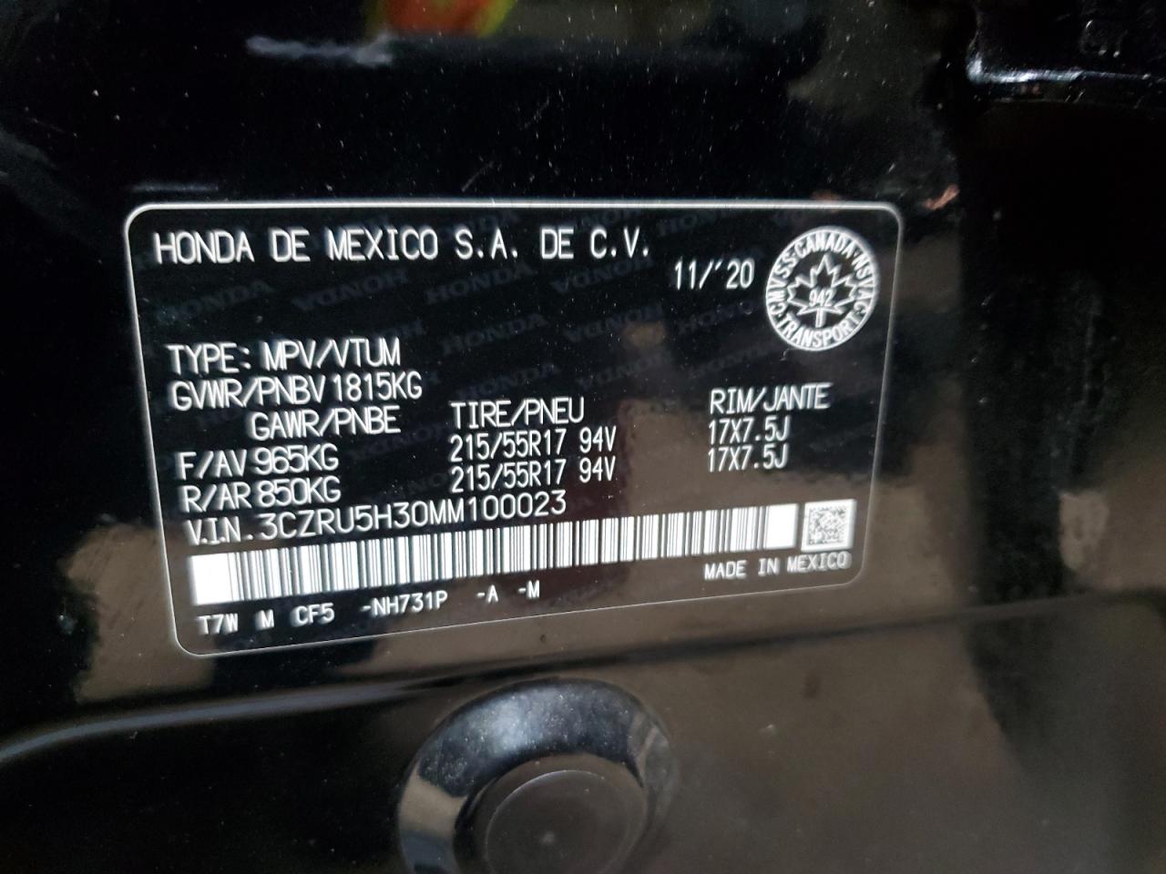 2021 Honda Hr-V Lx VIN: 3CZRU5H30MM100023 Lot: 56827745