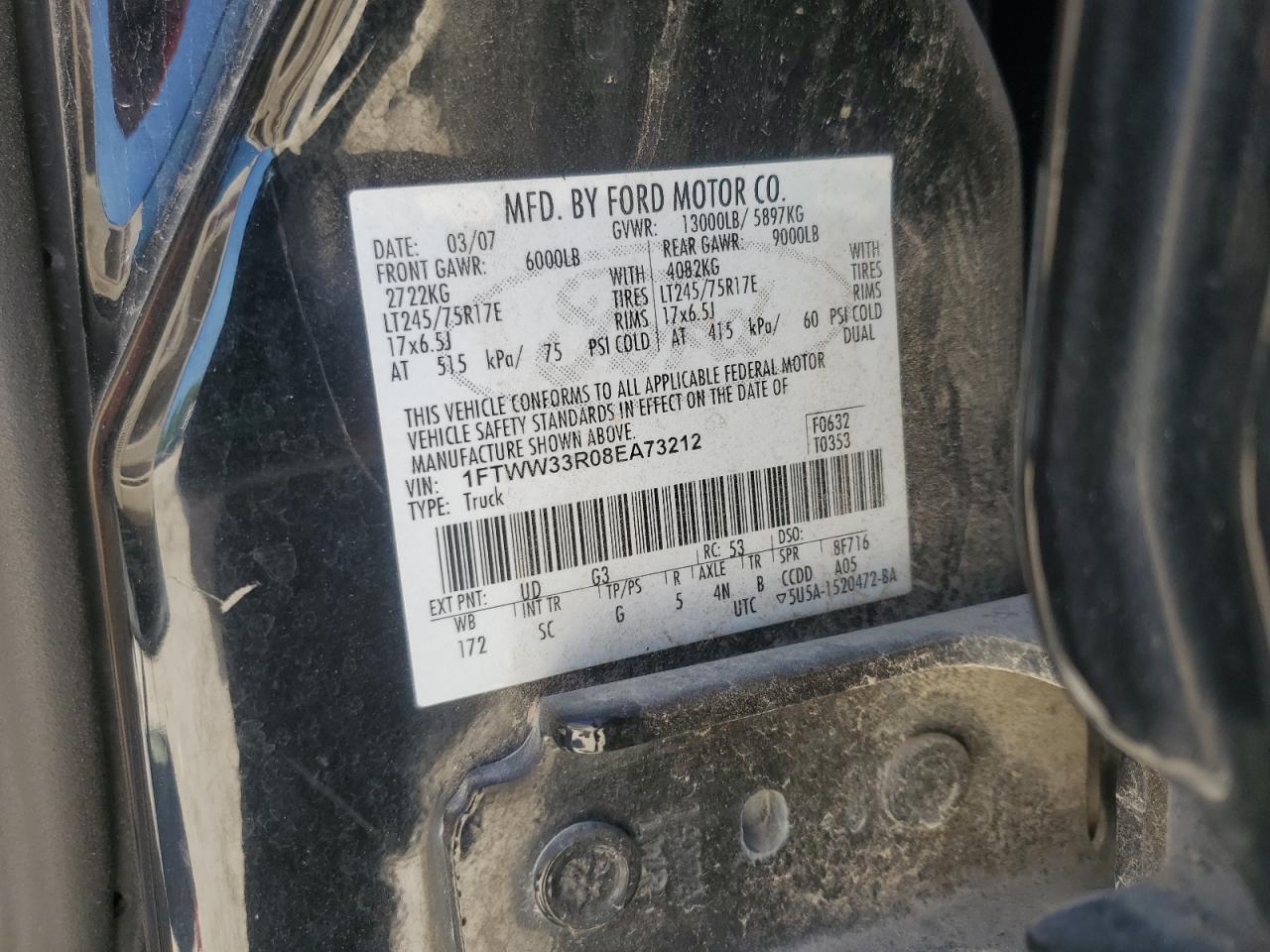 2008 Ford F350 Super Duty VIN: 1FTWW33R08EA73212 Lot: 56852205