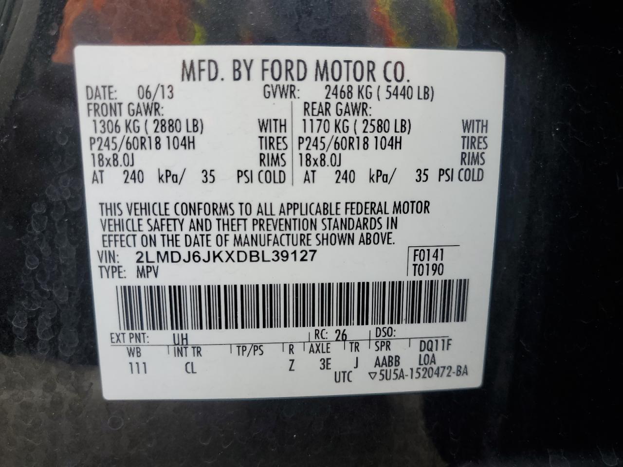 2013 Lincoln Mkx VIN: 2LMDJ6JKXDBL39127 Lot: 56986375