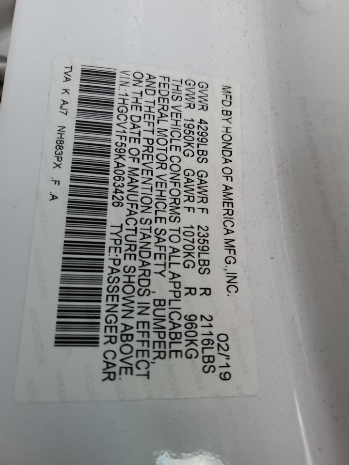 1HGCV1F59KA063426 HONDA ACCORD 2019